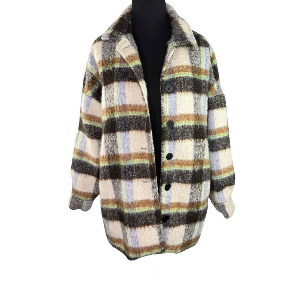 Love Poem Cream Brown Blue Green Plaid Jacket Shacket Sz S Cozy Oversized EUC